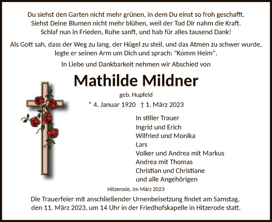 Todesanzeige von Mathilde Mildner von WRS