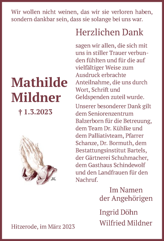 Todesanzeige von Mathilde Mildner von WRS