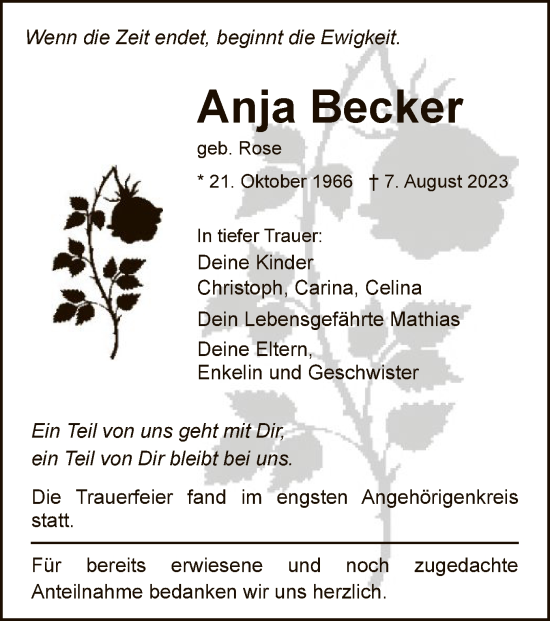 Todesanzeige von Anja Becker von WRS