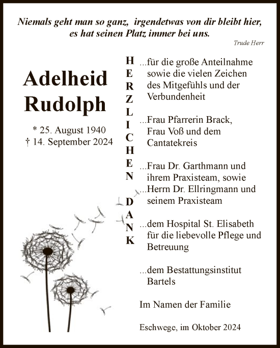 Todesanzeige von Adelheid Rudolph von WRS