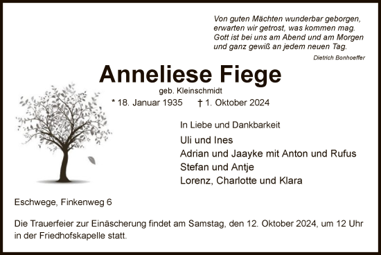 Todesanzeige von Anneliese Fiege von WRS