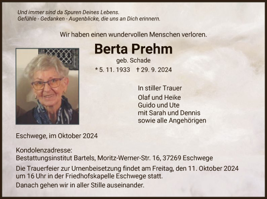 Todesanzeige von Berta Prehm von WRS