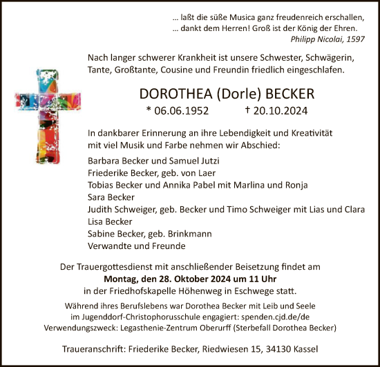 Todesanzeige von Dorothea Becker von HNAHNAWRS