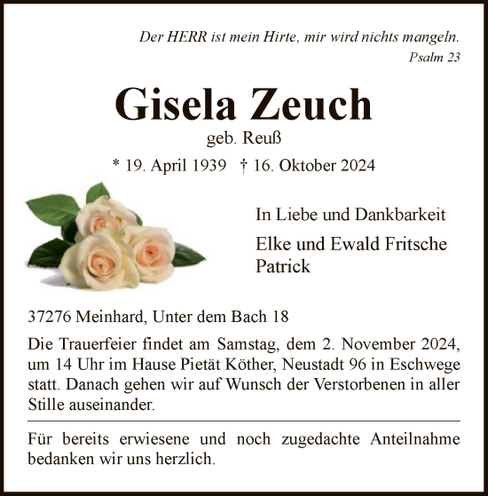 Todesanzeige von Gisela Zeuch von WRS