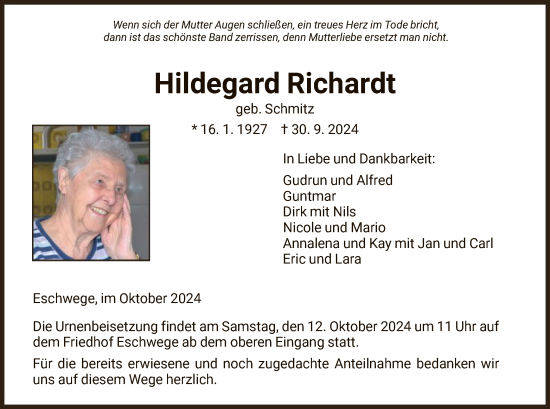 Todesanzeige von Hildegard Richardt von WRS