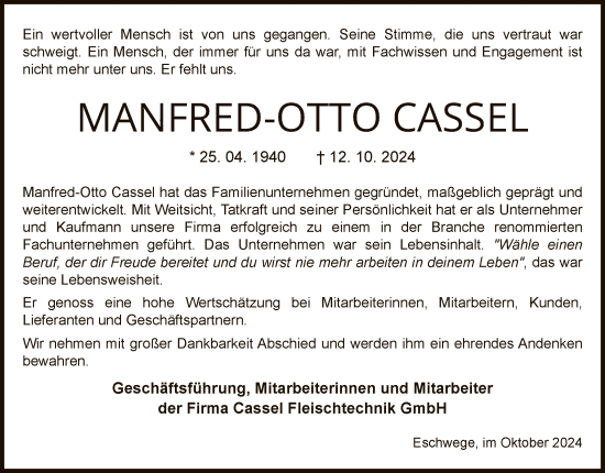 Todesanzeige von Manfred-Otto Cassel von WRS