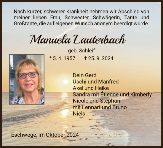 Todesanzeige von Manuela Lauterbach von WRS