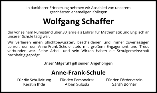 Todesanzeige von Wolfgang Schaffer von WRS