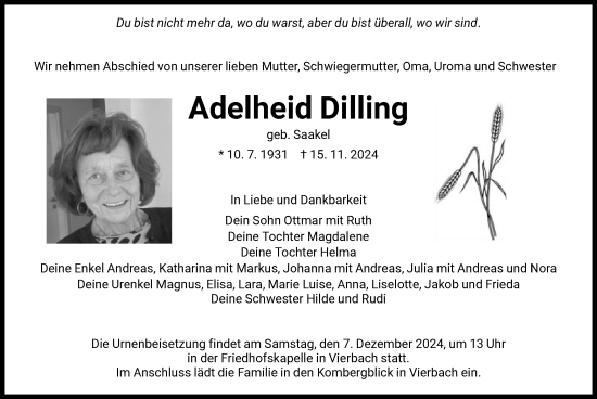 Todesanzeige von Adelheid Dilling von WRS