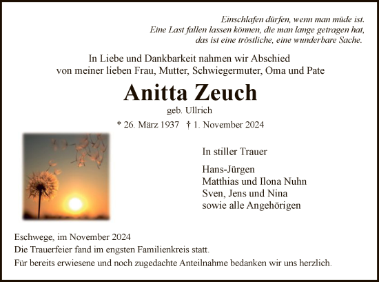 Todesanzeige von Anitta Zeuch von WRS