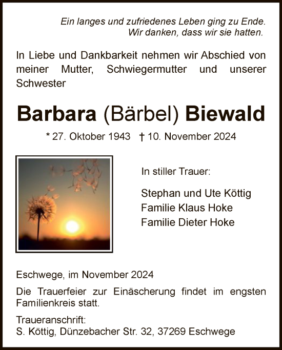 Todesanzeige von Barbara Biewald von WRS