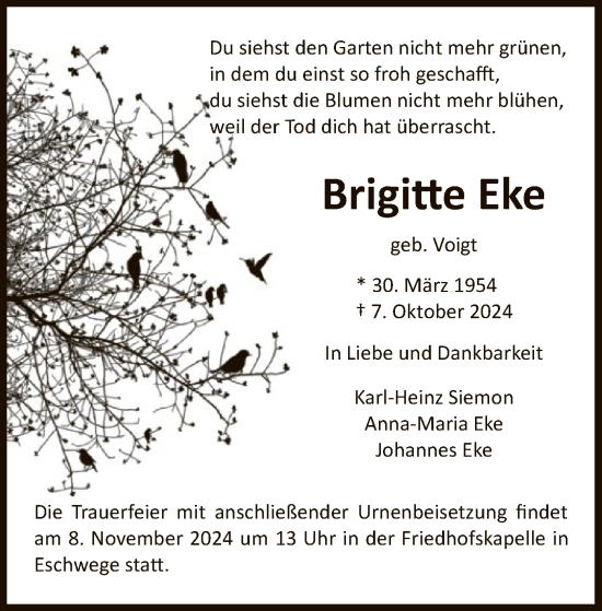 Todesanzeige von Brigitte Eke von WRS