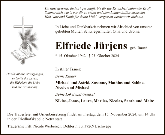 Todesanzeige von Elfriede Jürjens von WRS