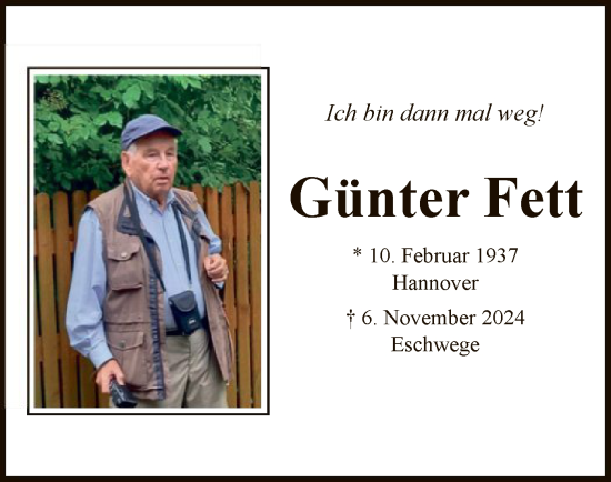 Todesanzeige von Günter Fett von WRS