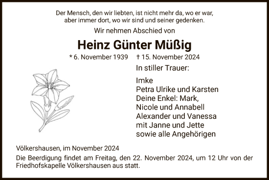 Todesanzeige von Heinz Günter Müßig von WRS