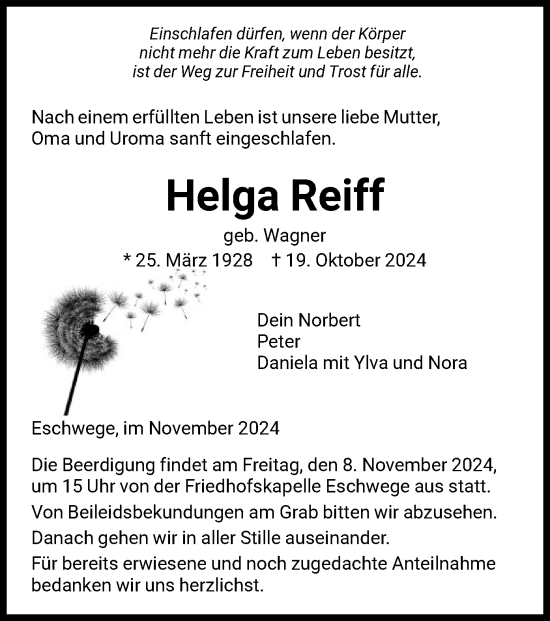 Todesanzeige von Helga Reiff von WRS