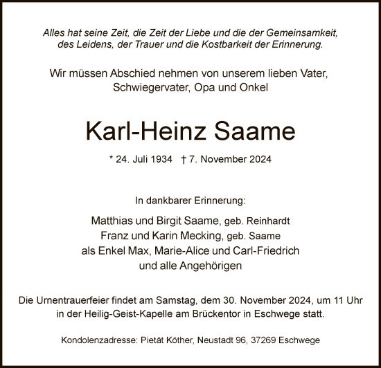 Todesanzeige von Karl-Heinz Saame von WRS