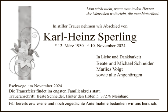 Todesanzeige von Karl-Heinz Sperling von WRS