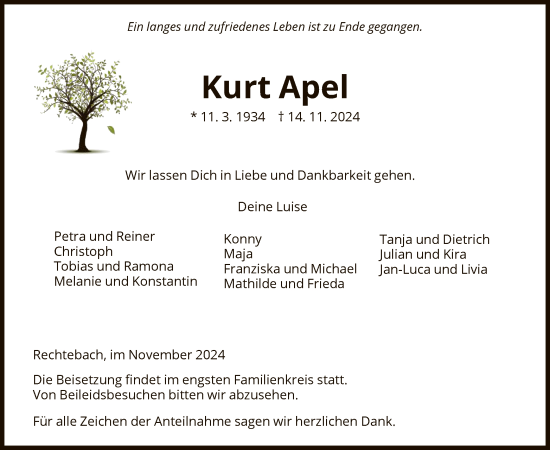 Todesanzeige von Kurt Apel von WRS