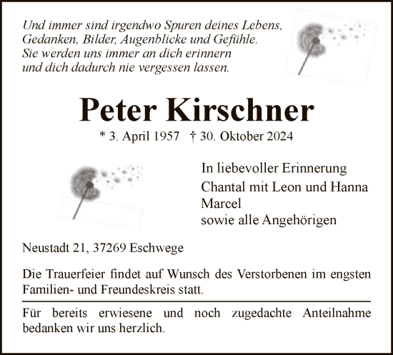 Todesanzeige von Peter Kirschner von WRS