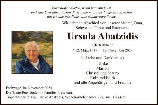 Todesanzeige von Ursula Abatzidis von WRS