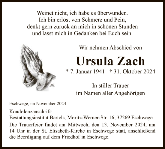 Todesanzeige von Ursula Zach von WRS