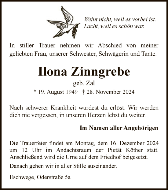 Todesanzeige von Ilona Zinngrebe von WRS