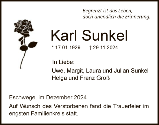 Todesanzeige von Karl Sunkel von WRS