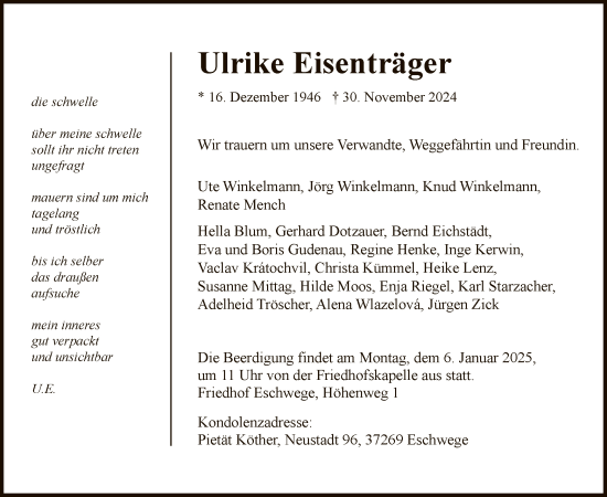 Todesanzeige von Ulrike Eisenträger von WRS