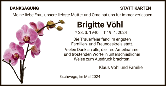 Todesanzeige von Brigitte Vöhl von WRS