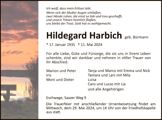 Todesanzeige von Hildegard Harbich von WRS