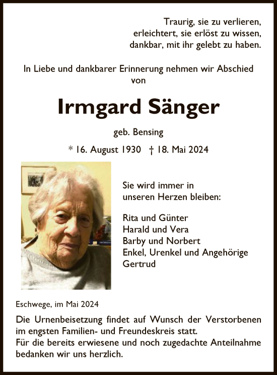 Todesanzeige von Irmgard Sänger von WRS