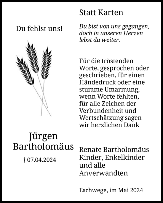 Todesanzeige von Jürgen Bartholomäus von WRS