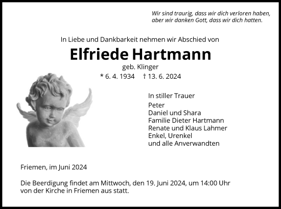 Todesanzeige von Elfriede Hartmann von WRS