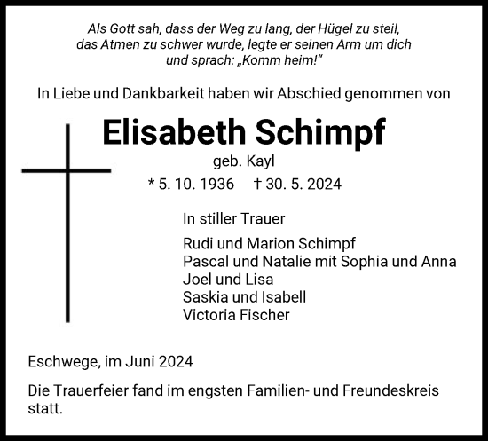 Todesanzeige von Elisabeth Schimpf von WRS