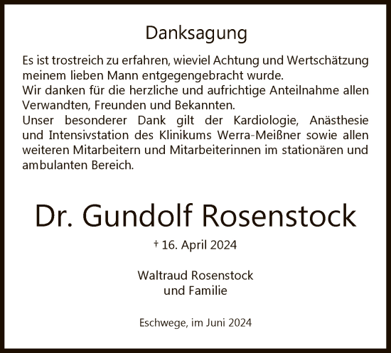 Todesanzeige von Gundolf Rosenstock von WRS