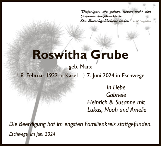 Todesanzeige von Roswitha Grube von WRS