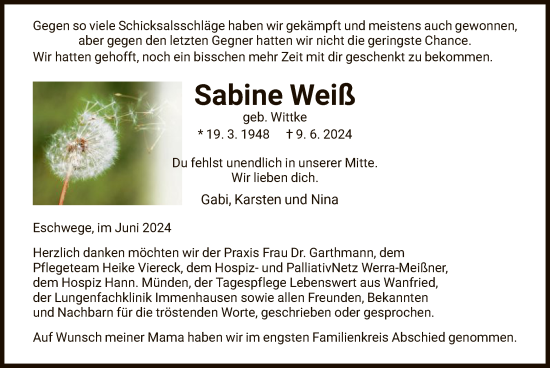 Todesanzeige von Sabine Weiß von WRS