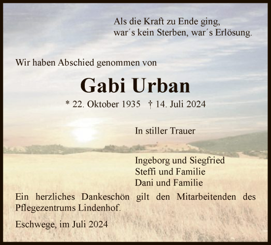 Todesanzeige von Gabriele Urban von WRS