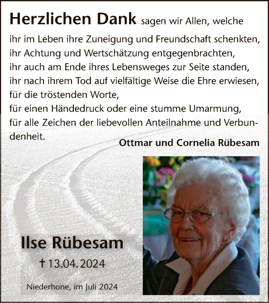 Todesanzeige von Ilse Rübesam von WRS