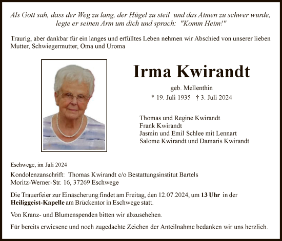 Todesanzeige von Irma Kwirandt von WRS