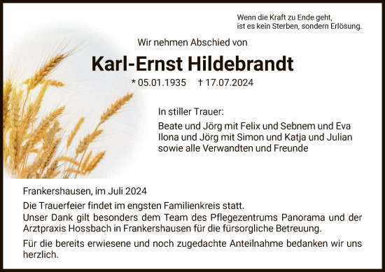 Todesanzeige von Karl-Ernst Hildebrandt von WRSWRS
