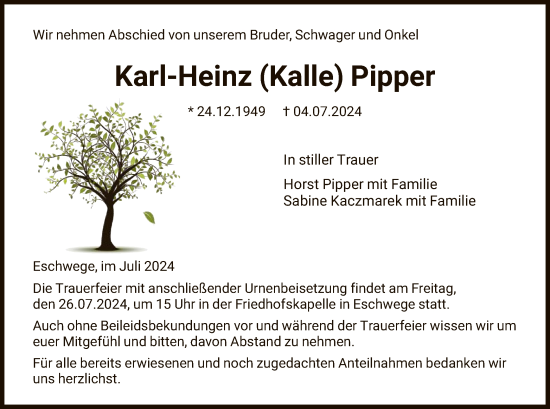 Todesanzeige von Karl-Heinz Pipper von WRS