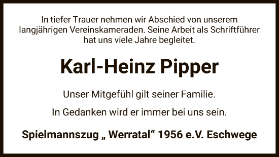 Todesanzeige von Karl-Heinz Pipper von WRS