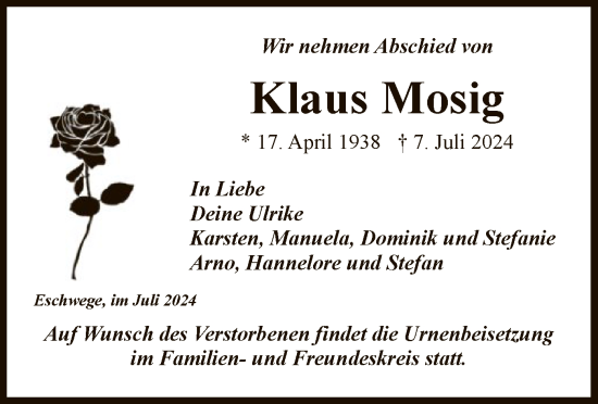 Todesanzeige von Klaus Mosig von WRS