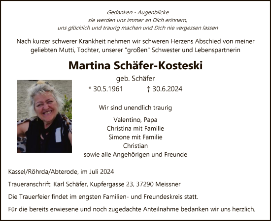 Todesanzeige von Martina Schäfer-Kosteski von WRS