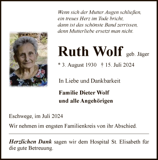 Todesanzeige von Ruth Wolf von WRS