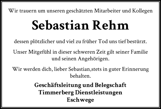 Todesanzeige von Sebastian Rehm von WRS