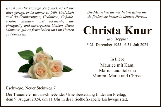 Todesanzeige von Christa Knur von WRS