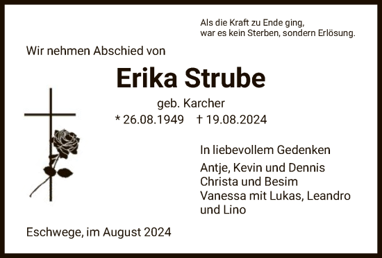 Todesanzeige von Erika Strube von WRS